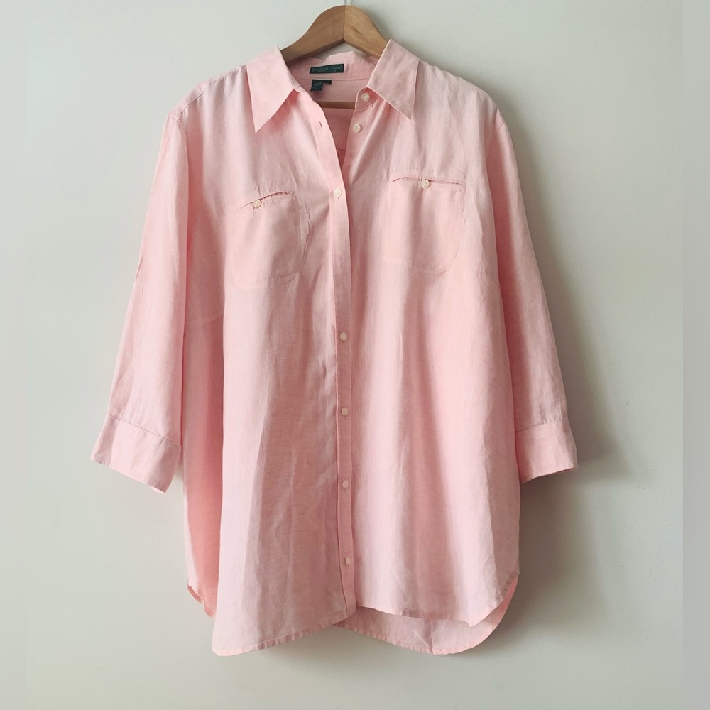 Ralph Lauren Linen Light Pink Button-Up Blouse Roll Tab Women Sz 1X Coastal - Picture 1 of 9